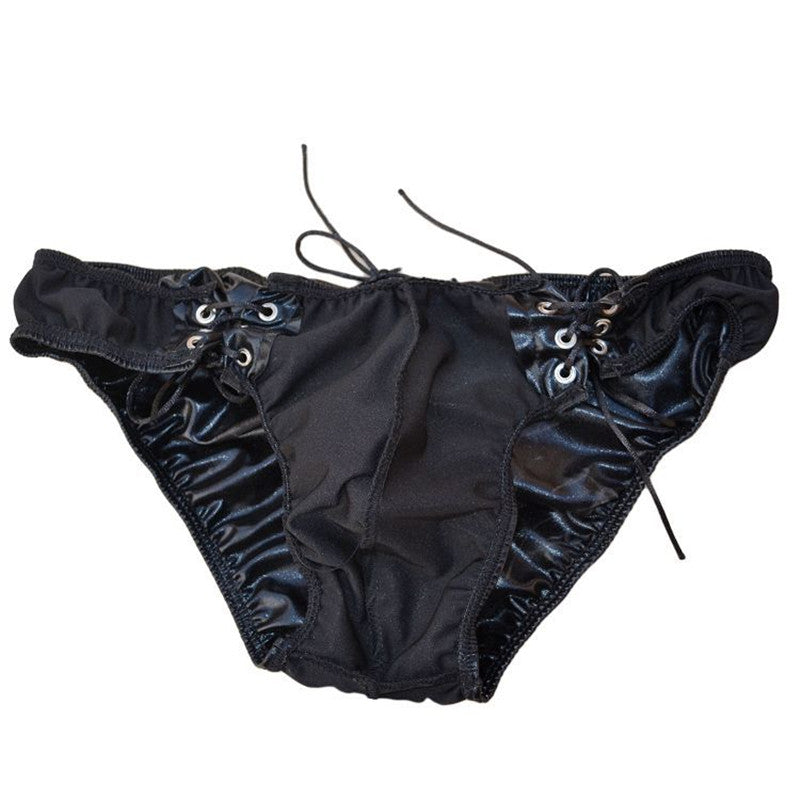 Bandage Men Sexy Underwear Faux Leather Male U Convex Briefs Adjustable Drawstring PU Panties