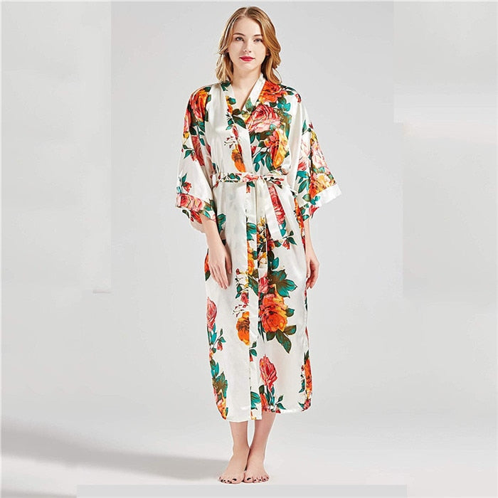 Sexy Lounge Casual Nightdess For Women Sleepwear Female Loose Print Flower Kimono Bathrobe Royal Blue Long Robe Gown With Belt