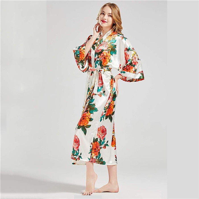 Sexy Lounge Casual Nightdess For Women Sleepwear Female Loose Print Flower Kimono Bathrobe Royal Blue Long Robe Gown With Belt