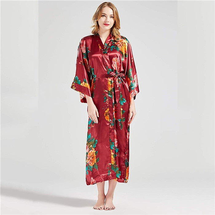 Sexy Lounge Casual Nightdess For Women Sleepwear Female Loose Print Flower Kimono Bathrobe Royal Blue Long Robe Gown With Belt