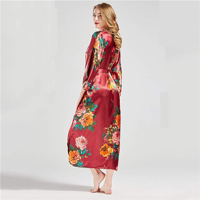 Sexy Lounge Casual Nightdess For Women Sleepwear Female Loose Print Flower Kimono Bathrobe Royal Blue Long Robe Gown With Belt
