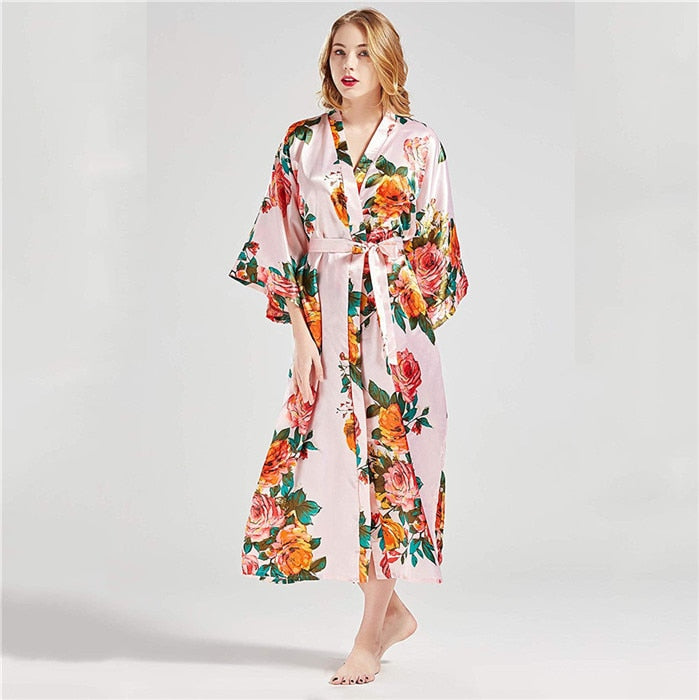Sexy Lounge Casual Nightdess For Women Sleepwear Female Loose Print Flower Kimono Bathrobe Royal Blue Long Robe Gown With Belt