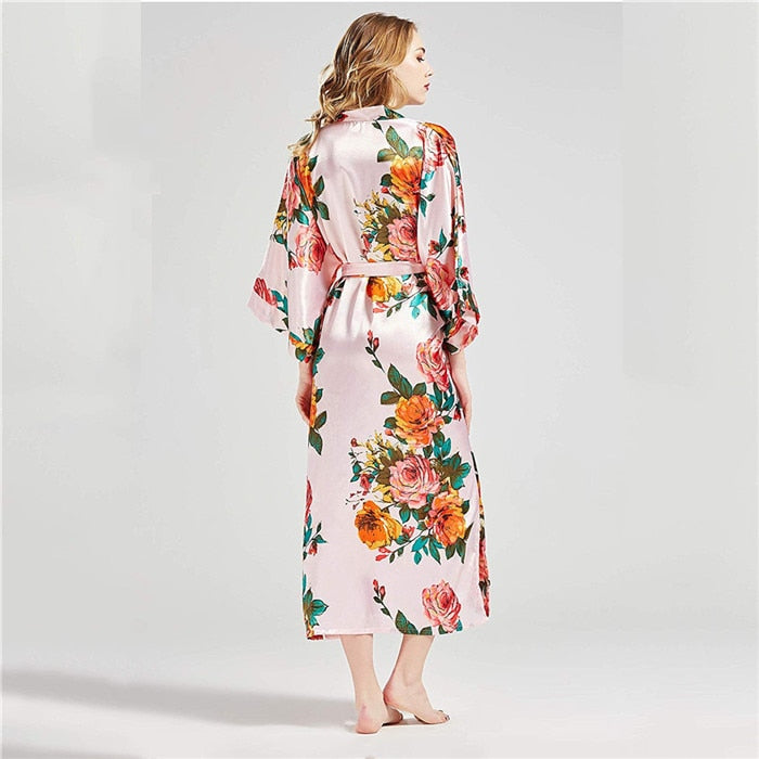Sexy Lounge Casual Nightdess For Women Sleepwear Female Loose Print Flower Kimono Bathrobe Royal Blue Long Robe Gown With Belt