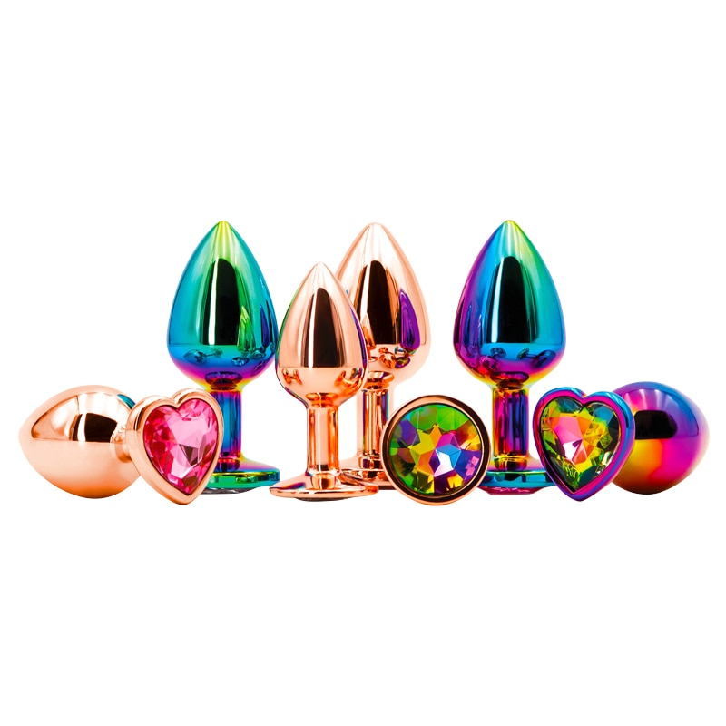 Rainbow Rose gold pink Small Medium size set Heart shape Crystal Metal anal beads butt plug Jewelry sex toy for female male