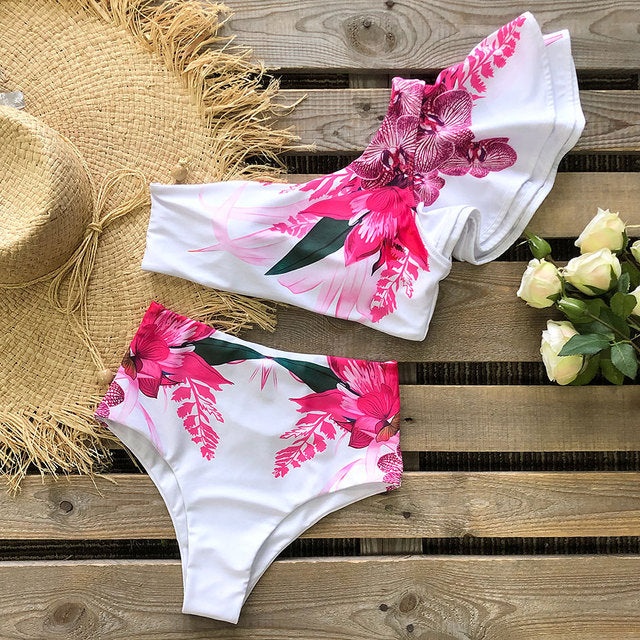 One Shoulder Swimsuit Print Bikinis Brazilian Bikini Set High Waist Swimming Suits Bathing Suit Summer Beachwear