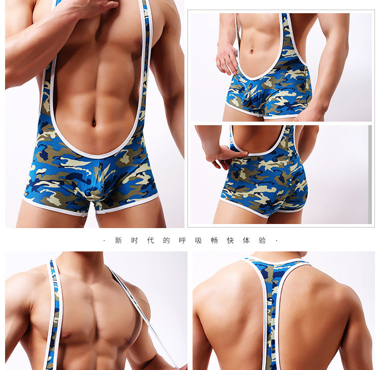 WOXUAN Men Bodysuit Camouflage Jumpsuit Leotard Crotch Lingerie Sexy Hot Erotic Mens Sexy Bodysuit perform costume sexy outfit