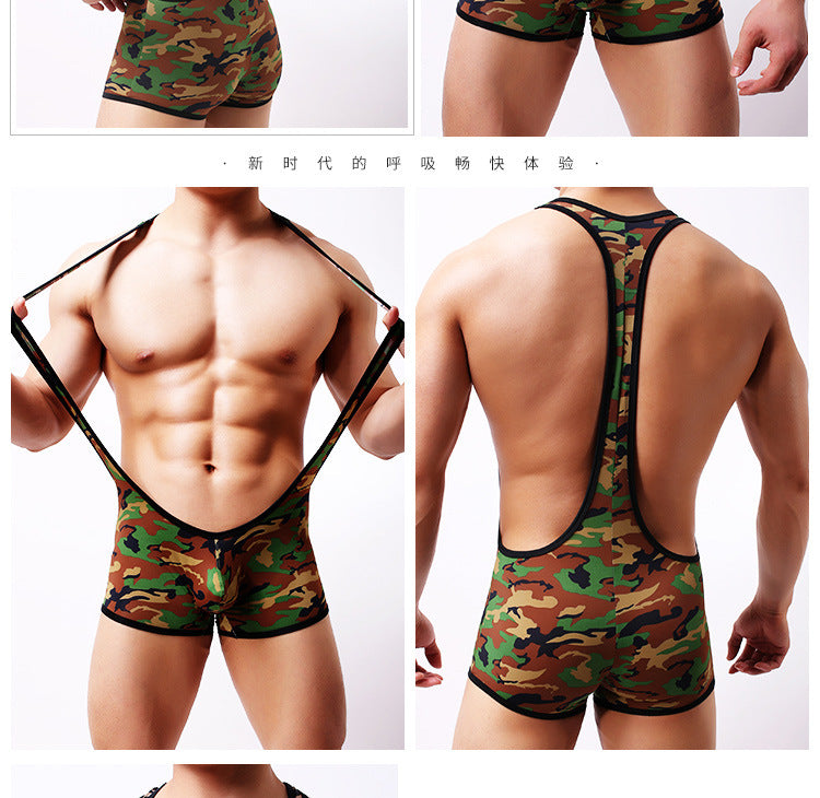 WOXUAN Men Bodysuit Camouflage Jumpsuit Leotard Crotch Lingerie Sexy Hot Erotic Mens Sexy Bodysuit perform costume sexy outfit