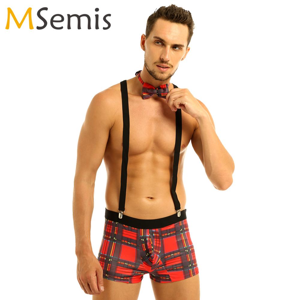 Sexy Waiter Roleplay Costumes Mens Plaid Boxer Briefs Lingerie Set Male Gay Nightclub Rave Outfit Erotic Maid Cosplay Uniforms