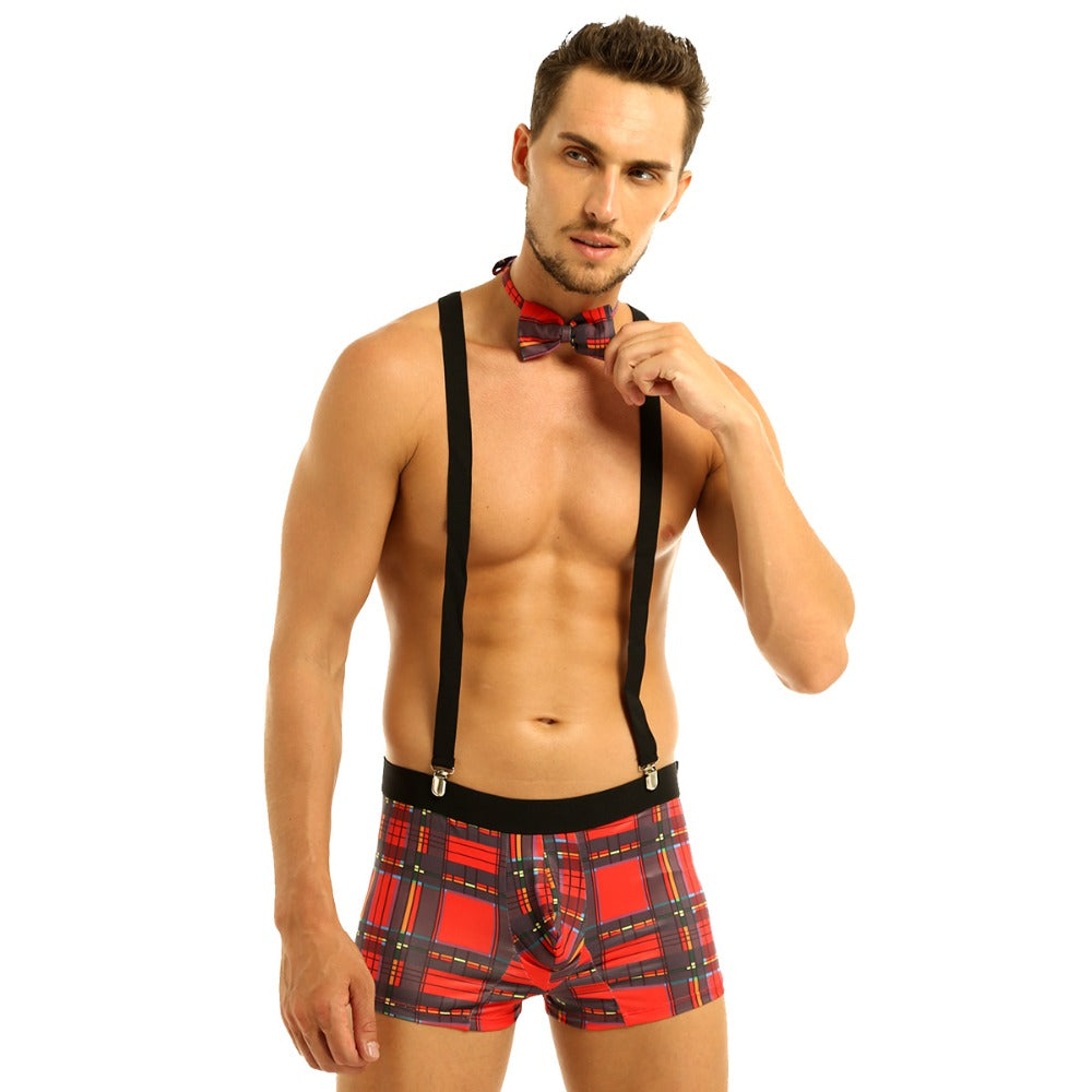 Sexy Waiter Roleplay Costumes Mens Plaid Boxer Briefs Lingerie Set Male Gay Nightclub Rave Outfit Erotic Maid Cosplay Uniforms