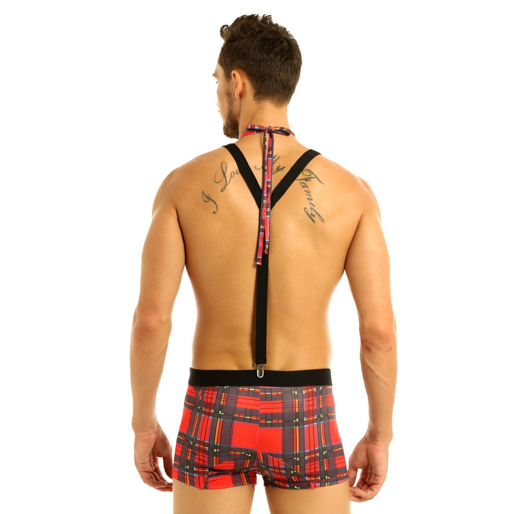 Sexy Waiter Roleplay Costumes Mens Plaid Boxer Briefs Lingerie Set Male Gay Nightclub Rave Outfit Erotic Maid Cosplay Uniforms