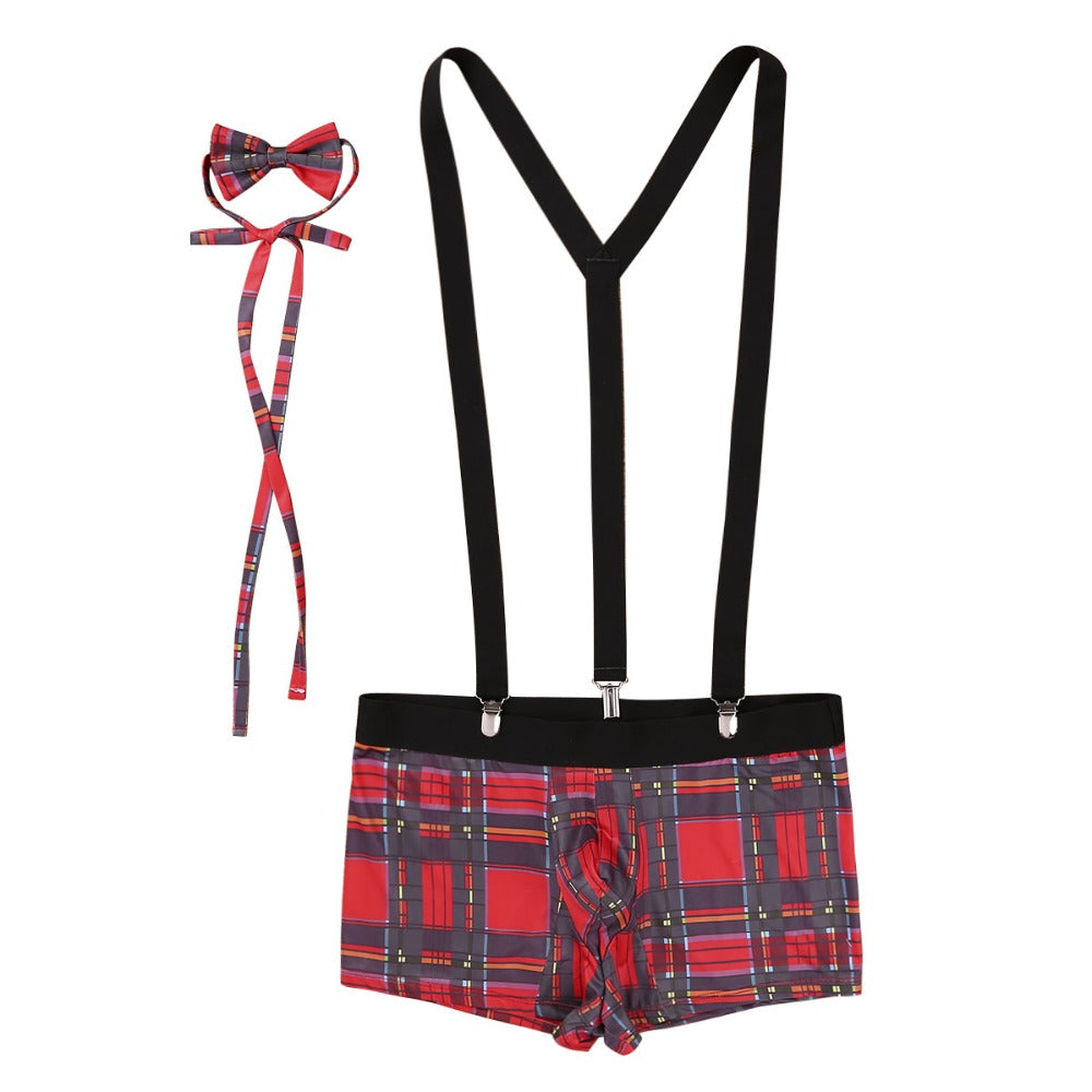Sexy Waiter Roleplay Costumes Mens Plaid Boxer Briefs Lingerie Set Male Gay Nightclub Rave Outfit Erotic Maid Cosplay Uniforms