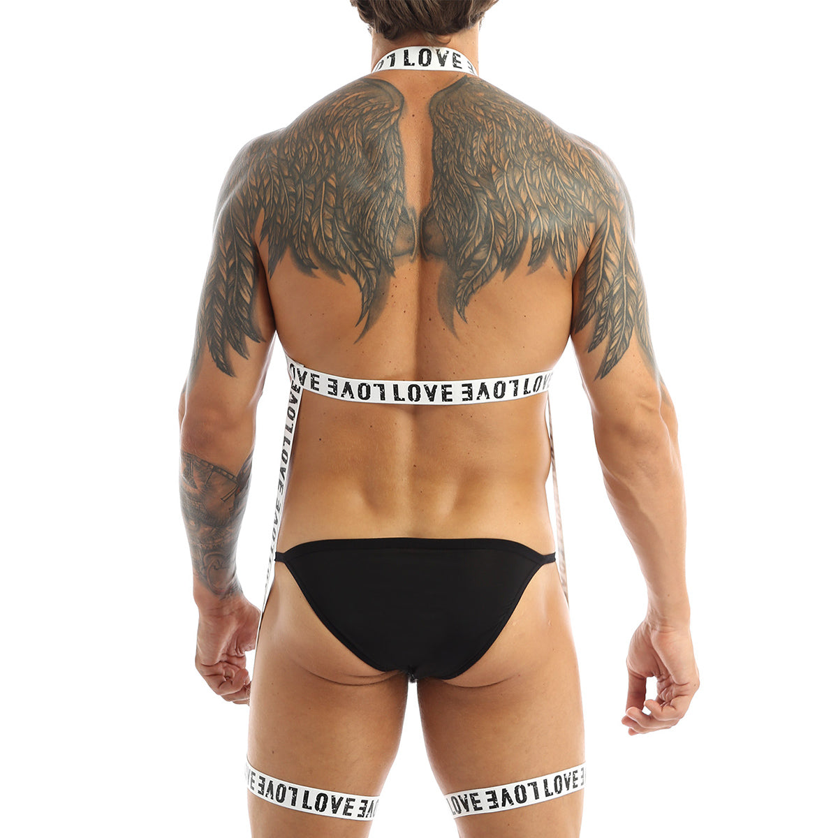 MSemis Men Gay Lingerie Letters Print Straps Halter Neck Body Open Chest Harness Belt Leg Garter Straps for Cosplay Club Costume