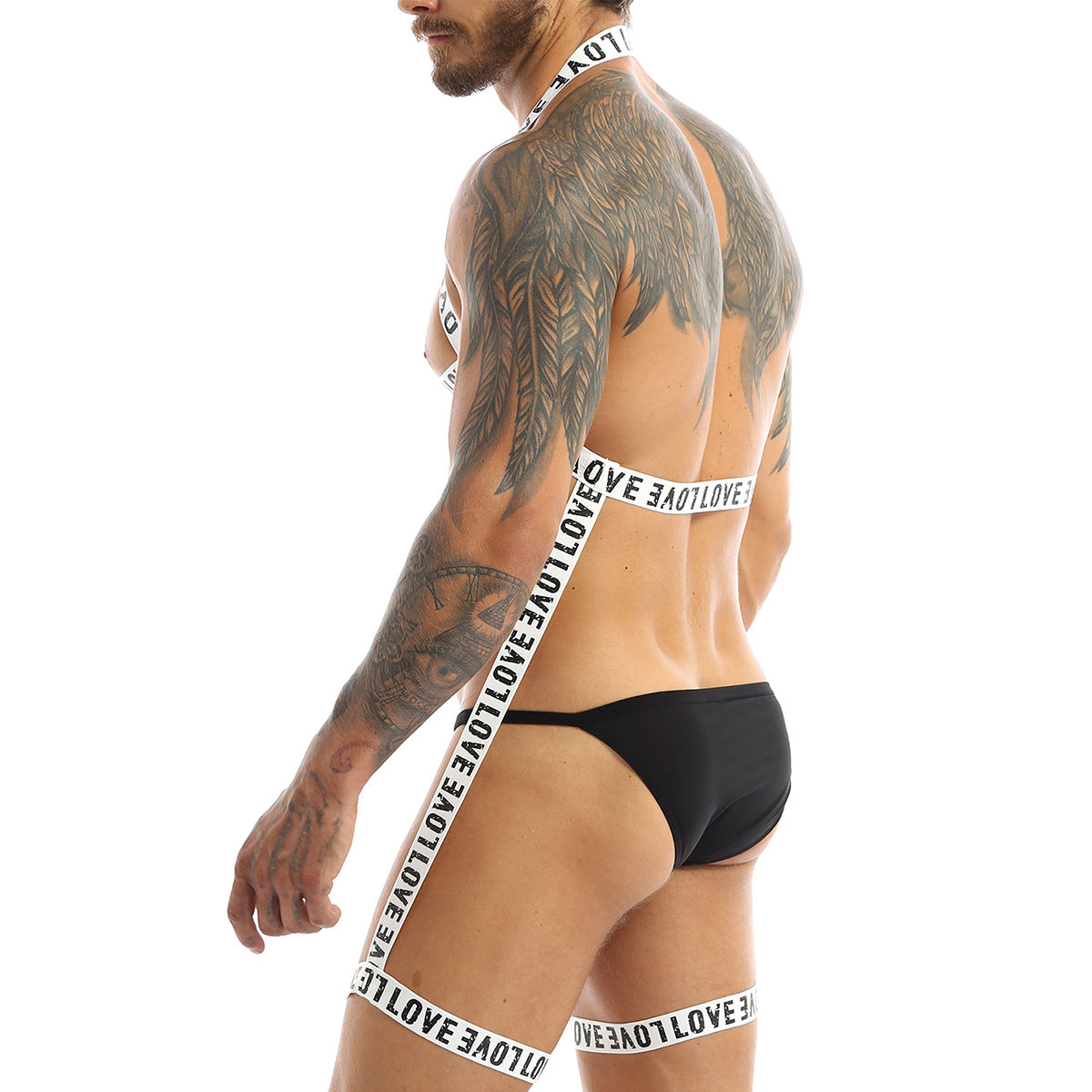 MSemis Men Gay Lingerie Letters Print Straps Halter Neck Body Open Chest Harness Belt Leg Garter Straps for Cosplay Club Costume