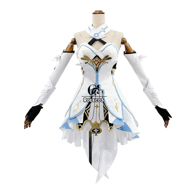 ROLECOS Genshin Impact Cosplay Costume Traveler Lumine Cosplay Costume Women White Costume Halloween Dress Stocking Belt Suit