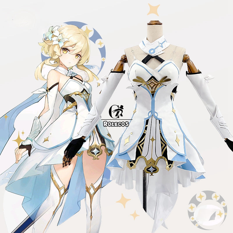 ROLECOS Genshin Impact Cosplay Costume Traveler Lumine Cosplay Costume Women White Costume Halloween Dress Stocking Belt Suit