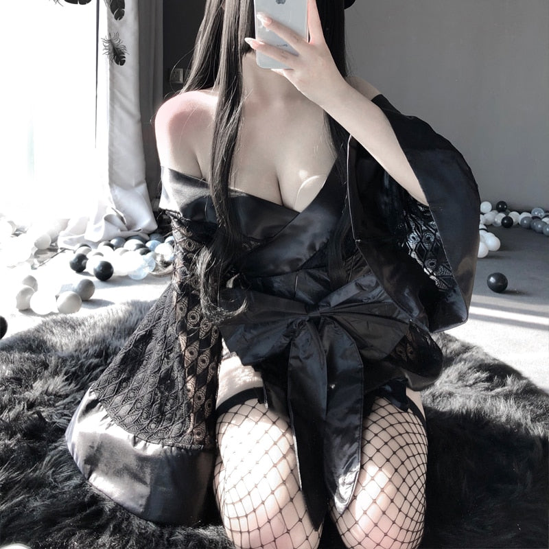 Sexy Cosplay Uniform Dark Japanese Kimono Erotic Costumes for Women Robe Cardigan Role Play Net yarn Black 3Pcs Lingerie Set