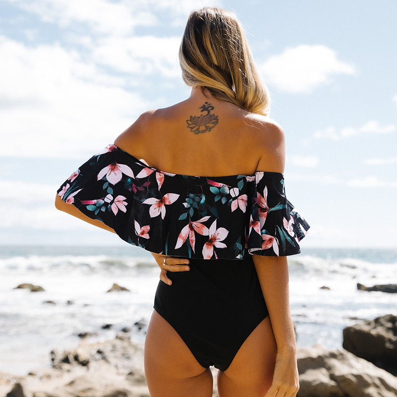 One Piece Swimsuit Swimwear Women Print Ruffle Swimsuit Bodysuit Monokini Female Padded Bathing Suits Beach Wear Summer