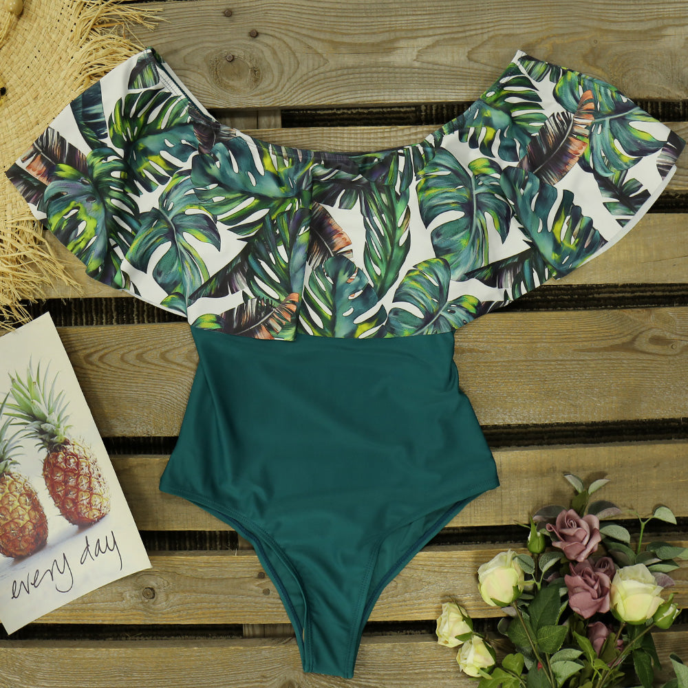 One Piece Swimsuit Swimwear Women Print Ruffle Swimsuit Bodysuit Monokini Female Padded Bathing Suits Beach Wear Summer