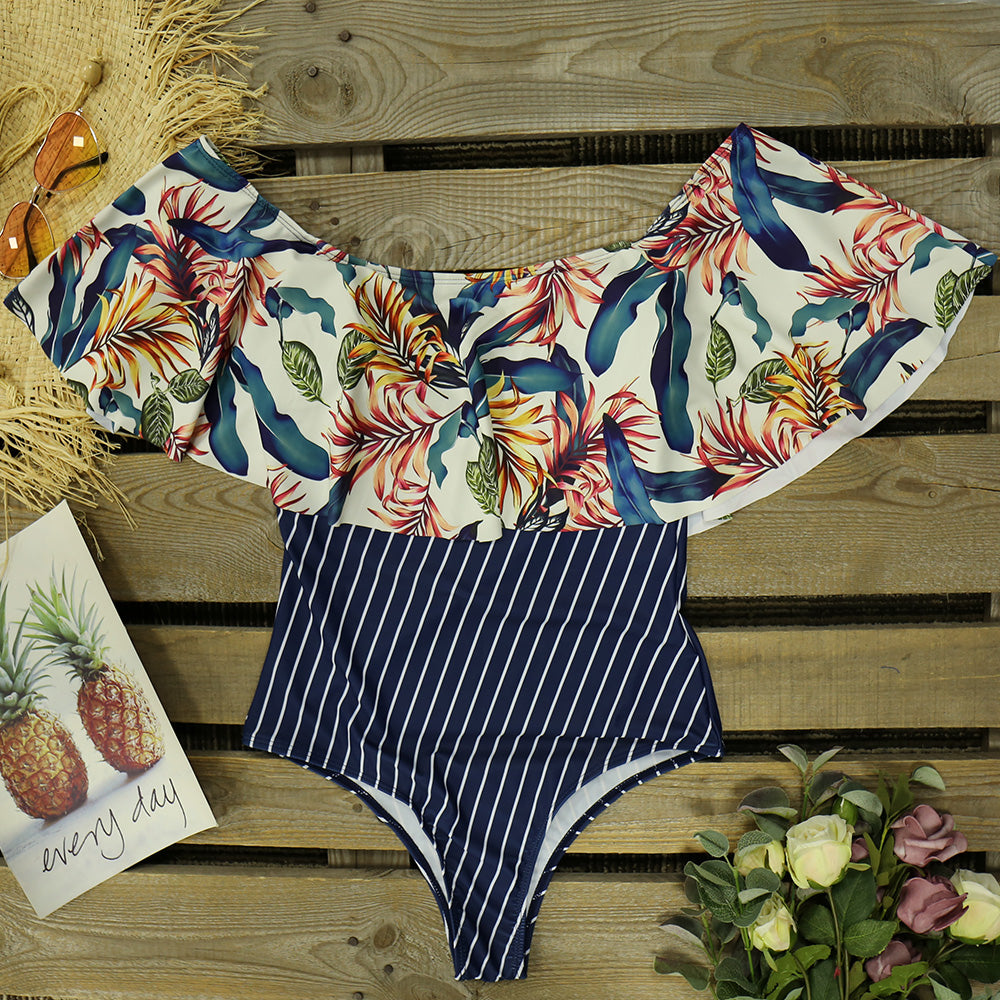One Piece Swimsuit Swimwear Women Print Ruffle Swimsuit Bodysuit Monokini Female Padded Bathing Suits Beach Wear Summer
