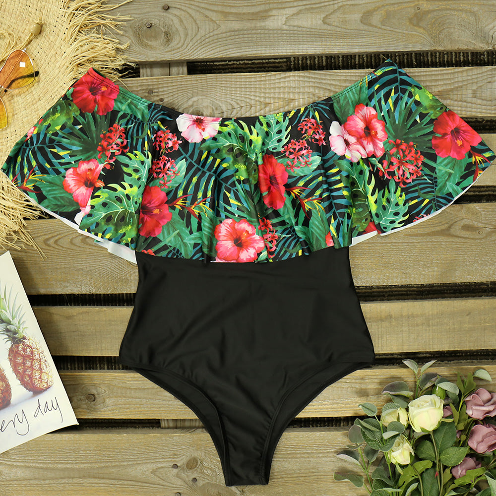 One Piece Swimsuit Swimwear Women Print Ruffle Swimsuit Bodysuit Monokini Female Padded Bathing Suits Beach Wear Summer