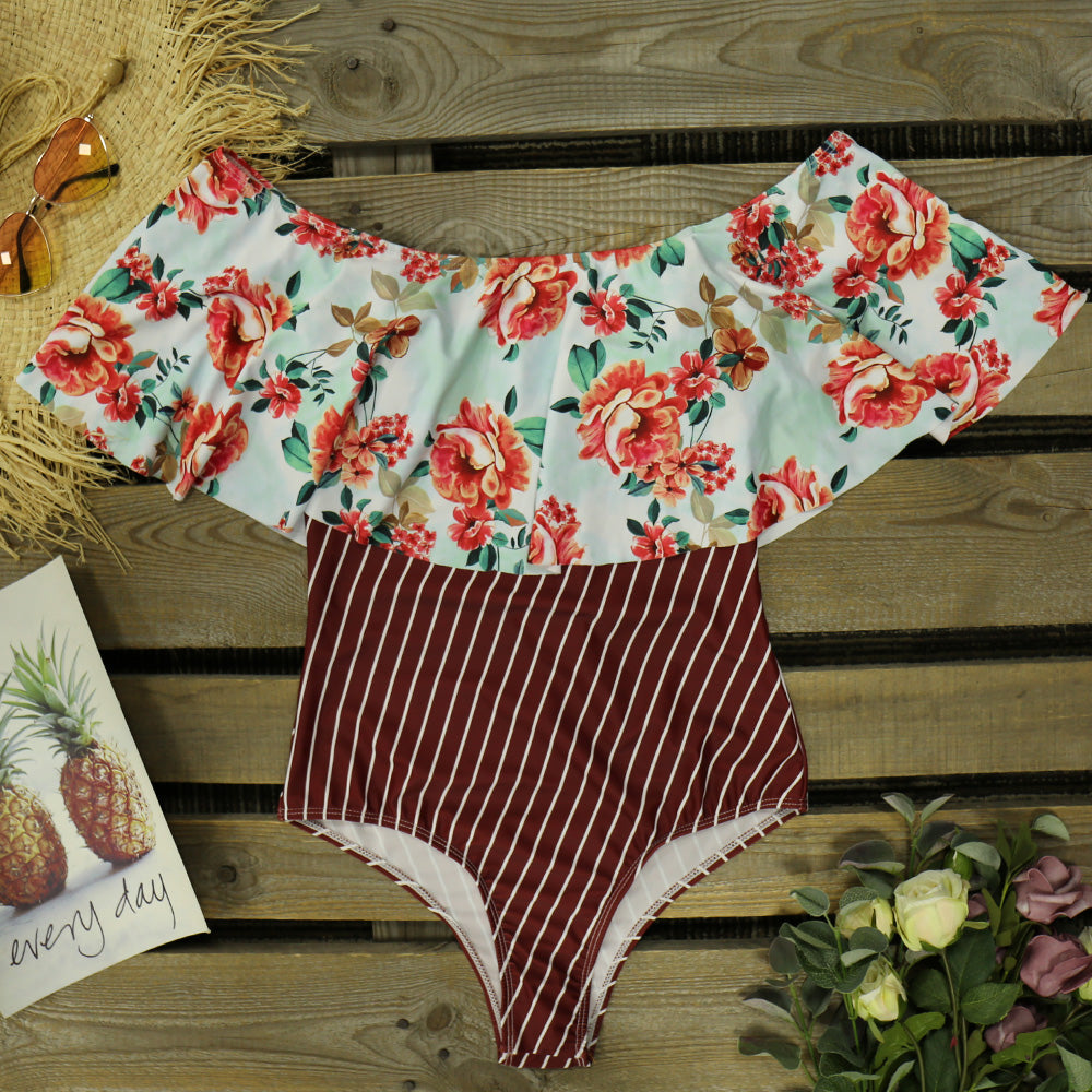 One Piece Swimsuit Swimwear Women Print Ruffle Swimsuit Bodysuit Monokini Female Padded Bathing Suits Beach Wear Summer