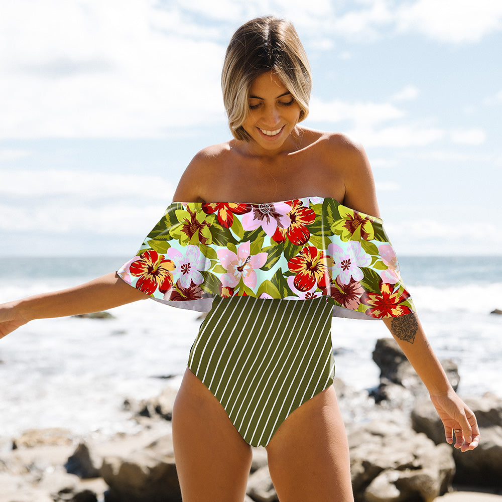 One Piece Swimsuit Swimwear Women Print Ruffle Swimsuit Bodysuit Monokini Female Padded Bathing Suits Beach Wear Summer