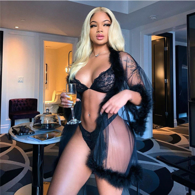 Sexy Women Sexy Lingerie  Mesh Sheer See Through Long Flare Sleeve Feather Dress Sleepwear Robe Night Gown Erotic