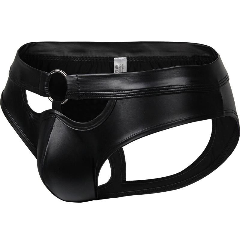 Faux Leather Mens Briefs Sexy Underwear Penis Pouch PU Hollow Open Butt Backless Jockstrap Erotic Underpants Panties Stage Wear