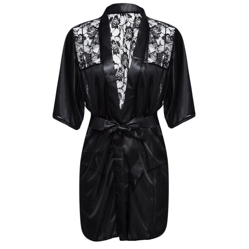 LSTRY Sexy Lingerie Satin Lace Black Kimono Intimate Sleepwear Robe Sexy Night Gown Women Erotic Underwear
