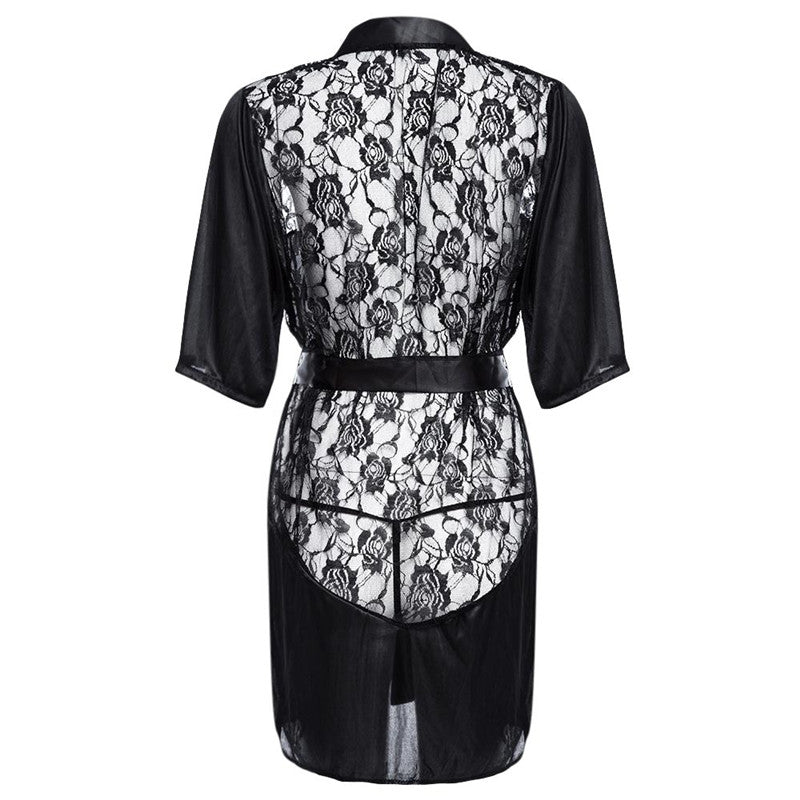 LSTRY Sexy Lingerie Satin Lace Black Kimono Intimate Sleepwear Robe Sexy Night Gown Women Erotic Underwear