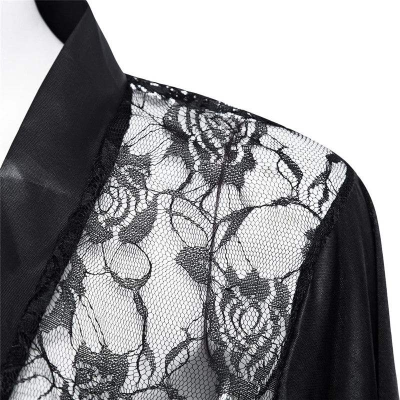 LSTRY Sexy Lingerie Satin Lace Black Kimono Intimate Sleepwear Robe Sexy Night Gown Women Erotic Underwear