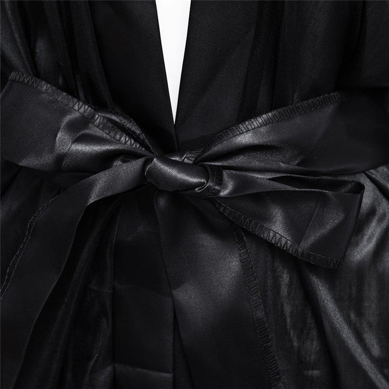 LSTRY Sexy Lingerie Satin Lace Black Kimono Intimate Sleepwear Robe Sexy Night Gown Women Erotic Underwear