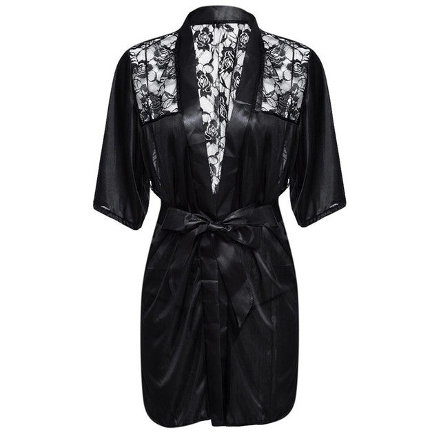 LSTRY Sexy Lingerie Satin Lace Black Kimono Intimate Sleepwear Robe Sexy Night Gown Women Erotic Underwear