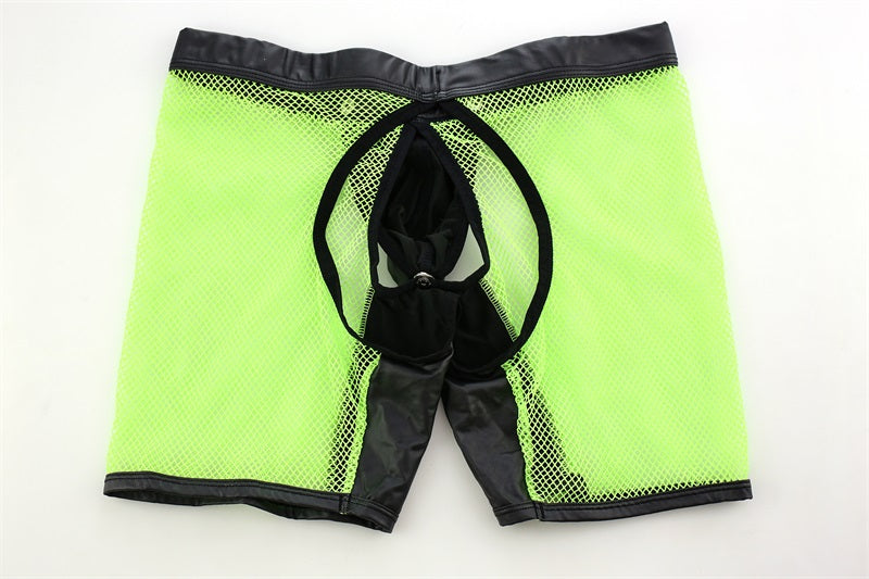 Men Underwear Shorts Lingerie Sexy Mesh Transparent PU Leather Open Penis Pouch Long Leg Boxer Shorts Open Butt Fetish Clubwear