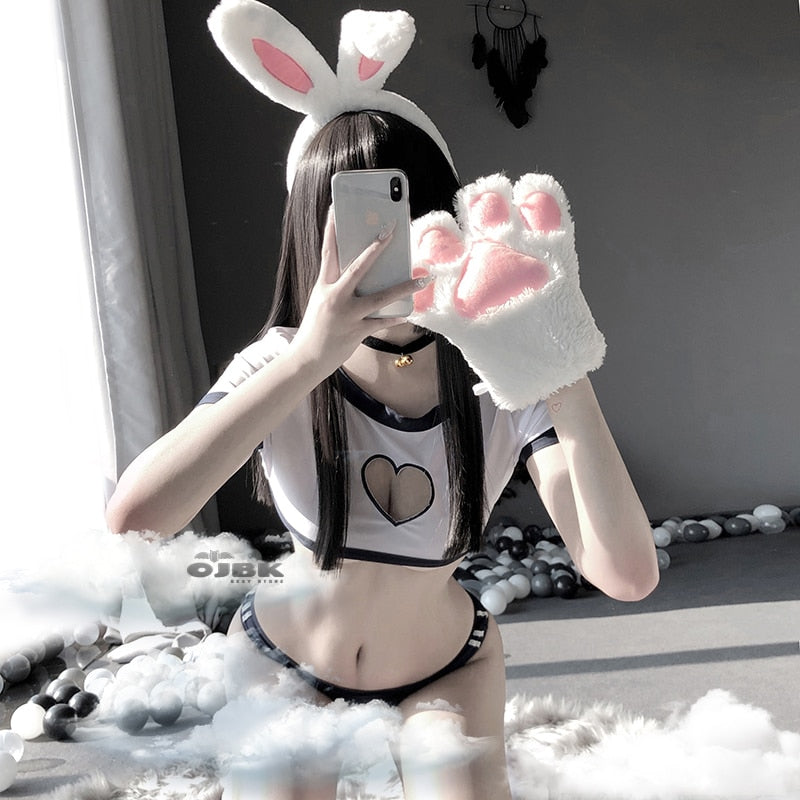 OJBK Sexy Heart Hollow Open Chest Erotic Lingerie Japanese Sweet Student Role Play Costume Rabbit Tail School Girl Uniform
