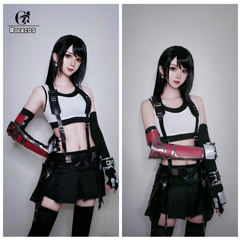 ROLECOS FF VII Tifa Cosplay Costume FF7 Remake Game Cosplay Costume Halloween Sexy Overalls Skirt Gloves Stokings