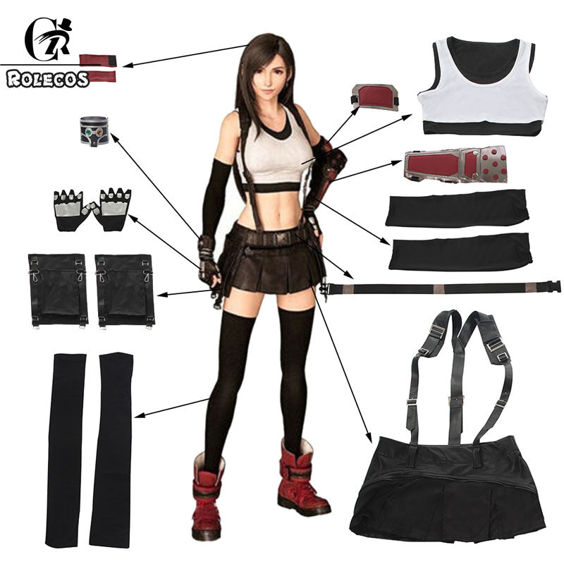 ROLECOS FF VII Tifa Cosplay Costume FF7 Remake Game Cosplay Costume Halloween Sexy Overalls Skirt Gloves Stokings