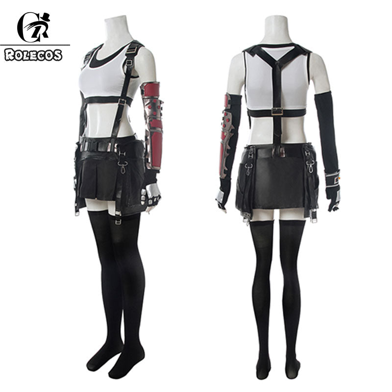 ROLECOS FF VII Tifa Cosplay Costume FF7 Remake Game Cosplay Costume Halloween Sexy Overalls Skirt Gloves Stokings