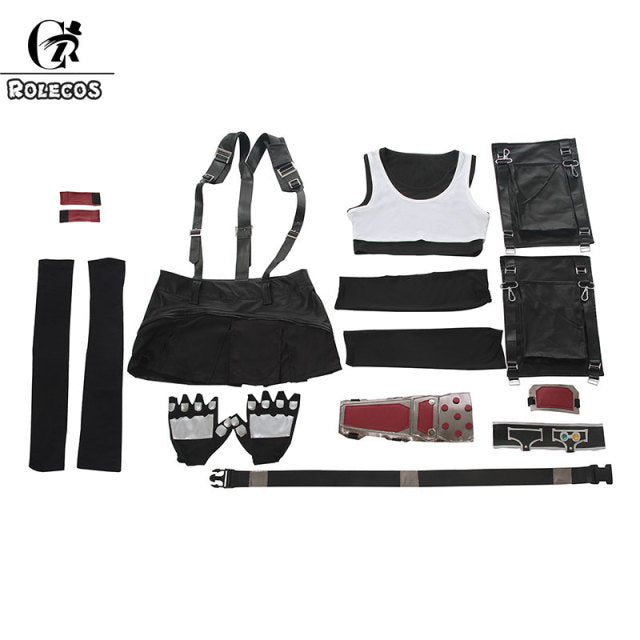ROLECOS FF VII Tifa Cosplay Costume FF7 Remake Game Cosplay Costume Halloween Sexy Overalls Skirt Gloves Stokings