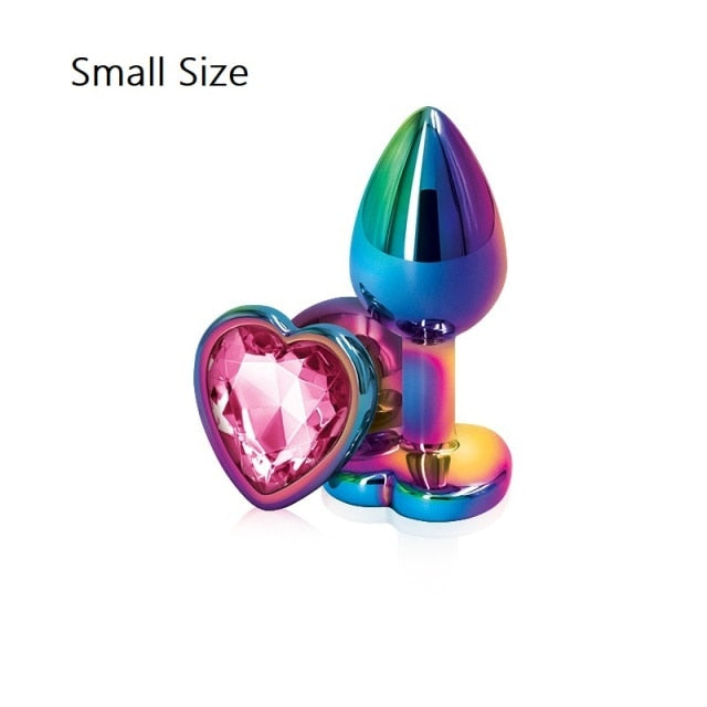 Rainbow Rose gold pink Small Medium size set Heart shape Crystal Metal anal beads butt plug Jewelry sex toy for female male