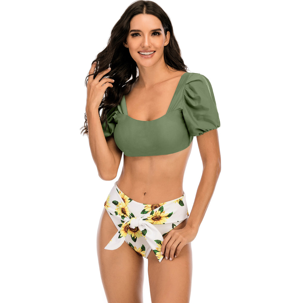 Sexy Bikini New 2 Piece Women Swimsuit Solid Color Short Puff Sleeve Summer High Waist Cut Backless Bathing Suit Beachwear