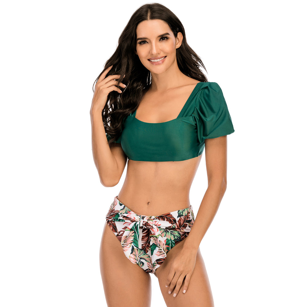 Sexy Bikini New 2 Piece Women Swimsuit Solid Color Short Puff Sleeve Summer High Waist Cut Backless Bathing Suit Beachwear