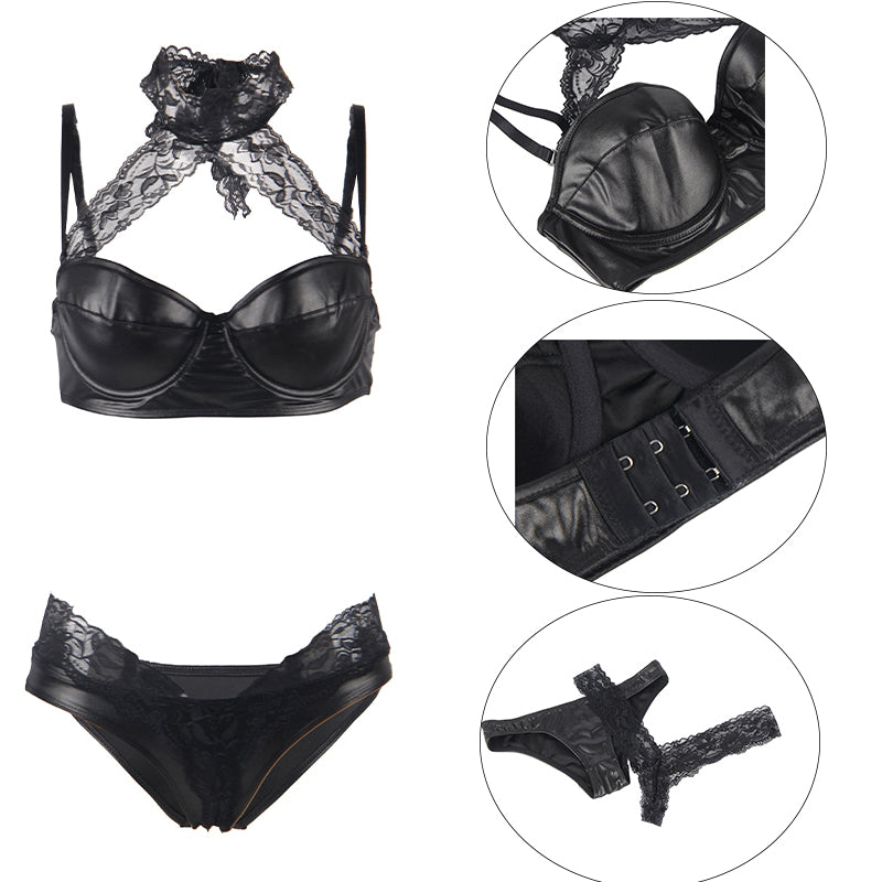 Comondear Erotic Leather Lingerie Femme Porno Bra G-string Sexy Underwear Set Plus Size Lenceria Backless Sex Langerie