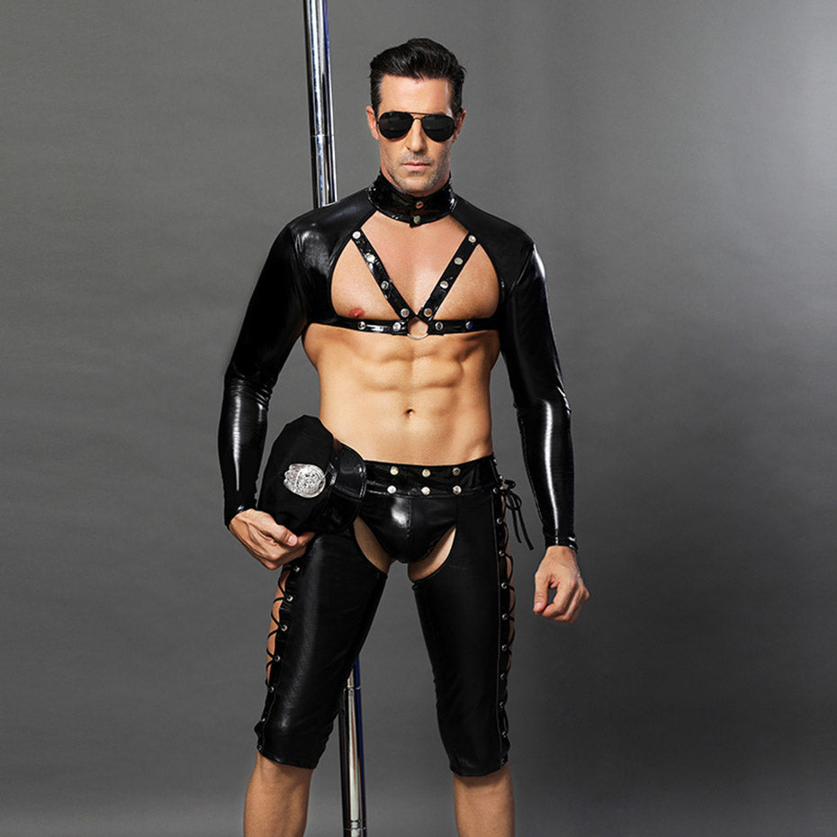 JSY Porn Men Sexy Bodysuit Lingerie Police Uniform Cosplay Hot Erotic Latex Catsuit For Sex Role Play Underwear Porno Costumes