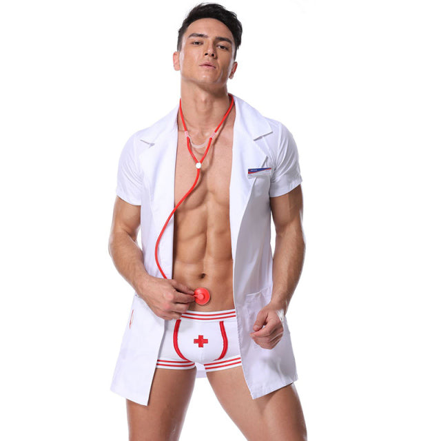 2 Piece Set White Sexy Lingerie For Men Hot Erotic Doctor Cosplay Uniform Costume Outfit Party Carnival Game Adult Male Clothing