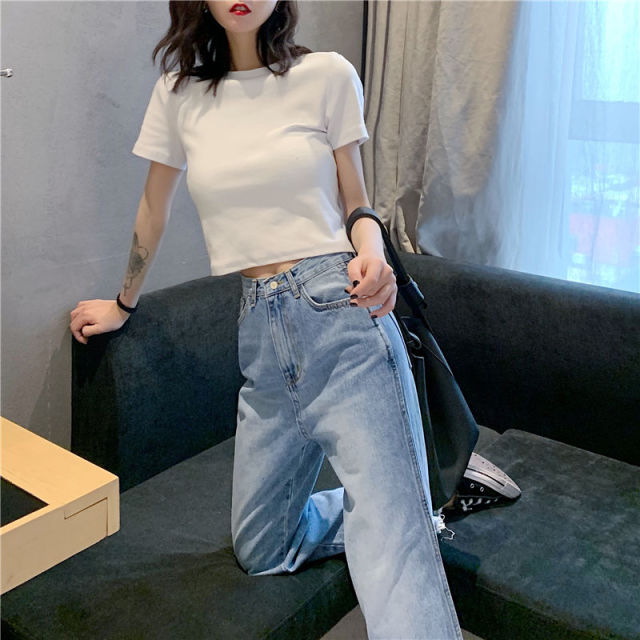 Net Celebrity New Skinny Cute Girly Style Sexy Pink Tops Women Short Cropped School Uniform T Shirt Women Korean Clothes