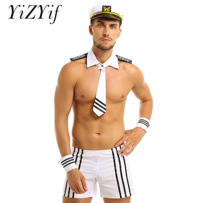 Mens Male Sexy Sailor Costume Overalls Cosplay Underwear Set Suspenders Boxer with Collar Cuffs Halloween Costumes for Role Play