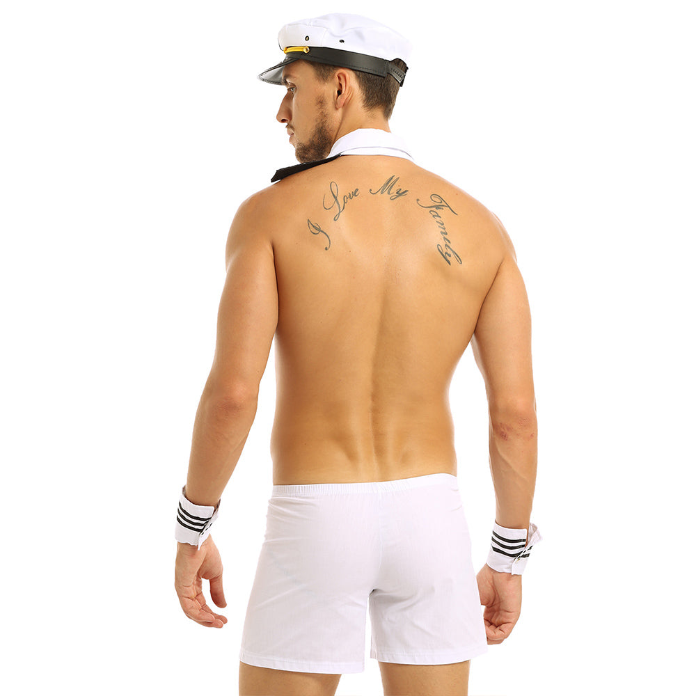 Mens Male Sexy Sailor Costume Overalls Cosplay Underwear Set Suspenders Boxer with Collar Cuffs Halloween Costumes for Role Play