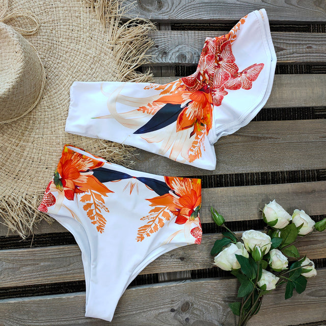 One Shoulder Swimsuit Print Bikinis Brazilian Bikini Set High Waist Swimming Suits Bathing Suit Summer Beachwear