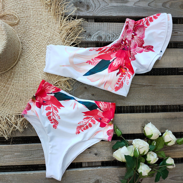 One Shoulder Swimsuit Print Bikinis Brazilian Bikini Set High Waist Swimming Suits Bathing Suit Summer Beachwear